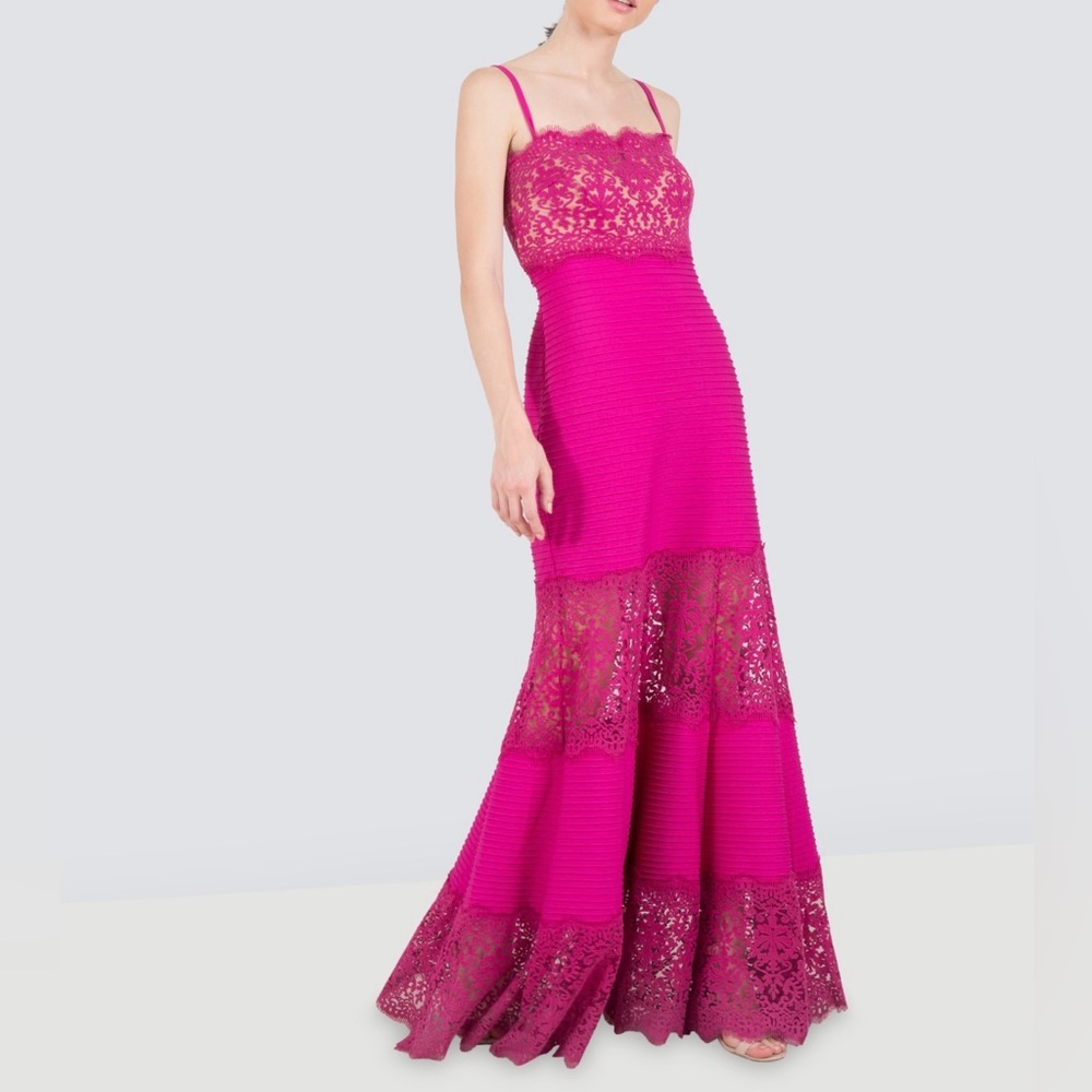 Tadashi Shoji Lace Bandage Evening Gown Pink Fuschia Cocktail Dress Size XS
